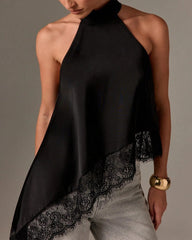 Women's Sleeveless Lace-trimmed Asymmetrical Halter Neck Satin Breathable Top