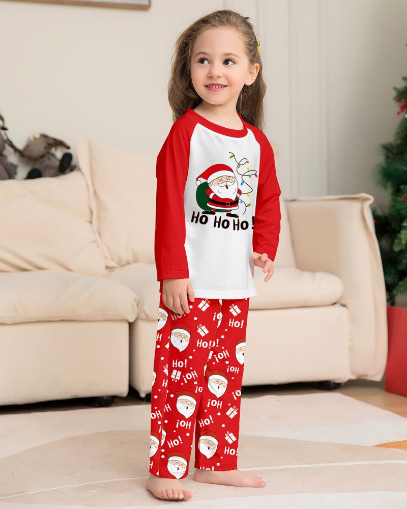 Santa Claus Print Round Neck Raglan Sleeve Color Block Parent-Child Lounge Pajama Set