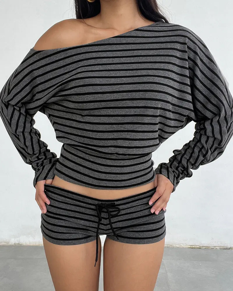 Women's Casual Striped Color Block One-Shoulder Long-Sleeve Top and Shorts Set