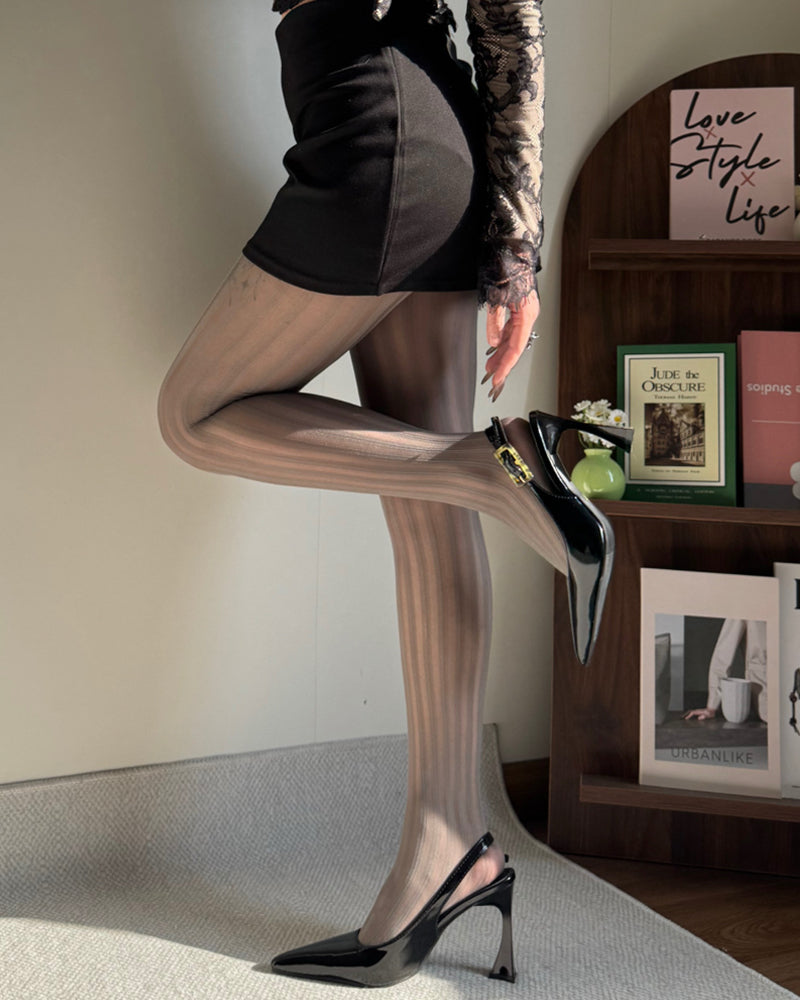 Vintage Vertical Striped Jacquard Sheer Stockings