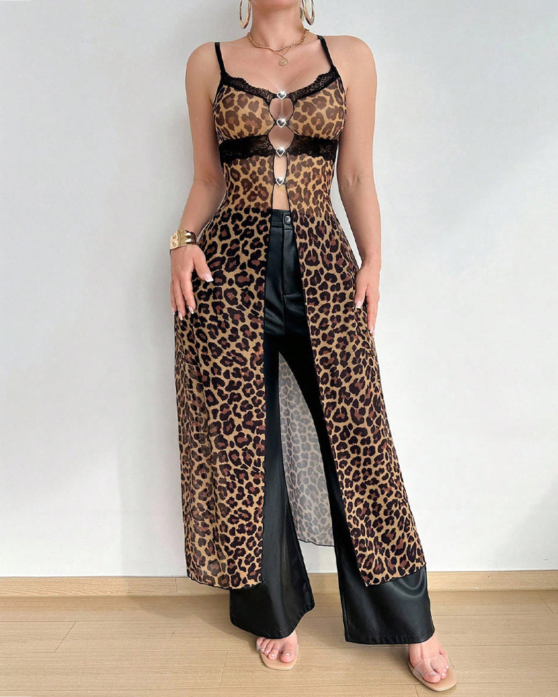 Leopard Print See-through Lace Trim Cutout Nightgown