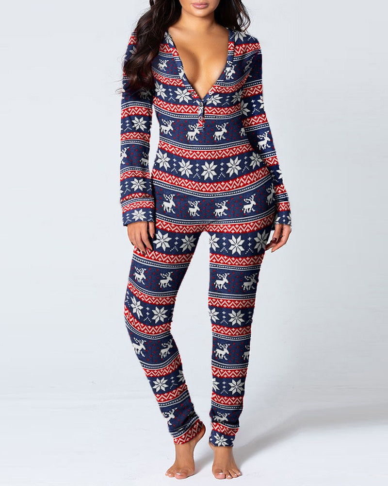 Christmas Deep V-neck Long-sleeved Back Button Closure Jumpsuit PJajama