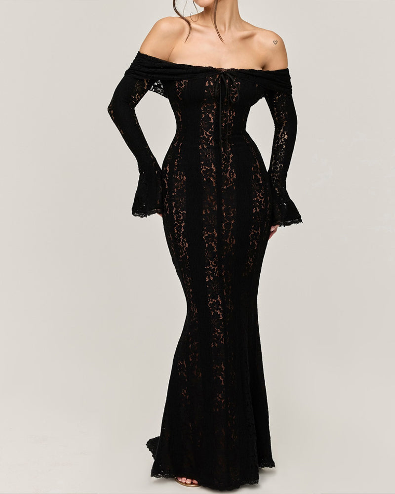 Women's Solid Color Lace Off-Shoulder Long Sleeve Slim Fit Dress