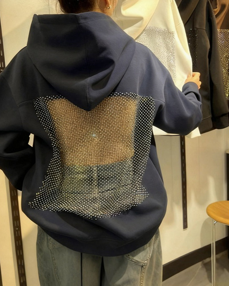Fashion Solid Color Backless Cutout Mesh Panel Long-sleeved Hooded Sweatshirt