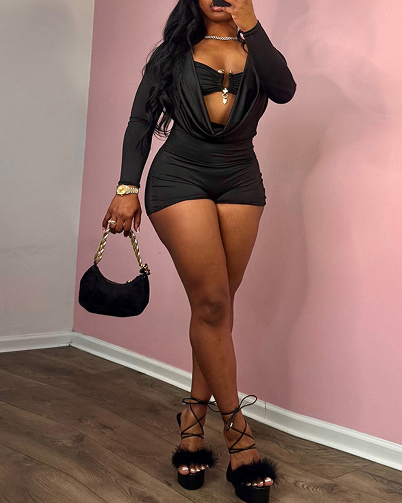 Women's Casual Two-in-one Draped Design Slim-fit Long-sleeved Jumpsuit