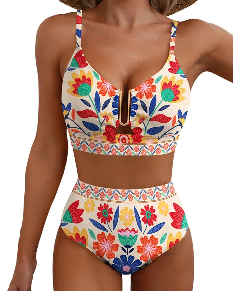 Women's V-neck Floral High-waisted Tummy-control Bikini Swimsuit