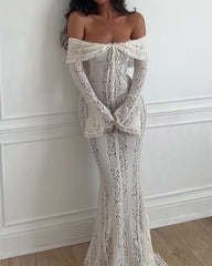 Women's Solid Color Lace Off-Shoulder Long Sleeve Slim Fit Dress