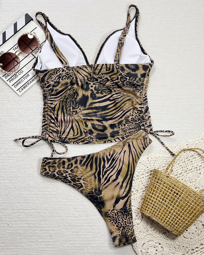 Women's Retro Deep V Leopard Print Bikini Swimsuit Set