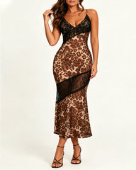 Leopard See-through Lace Patchwork Bodycon Long Slip Dress