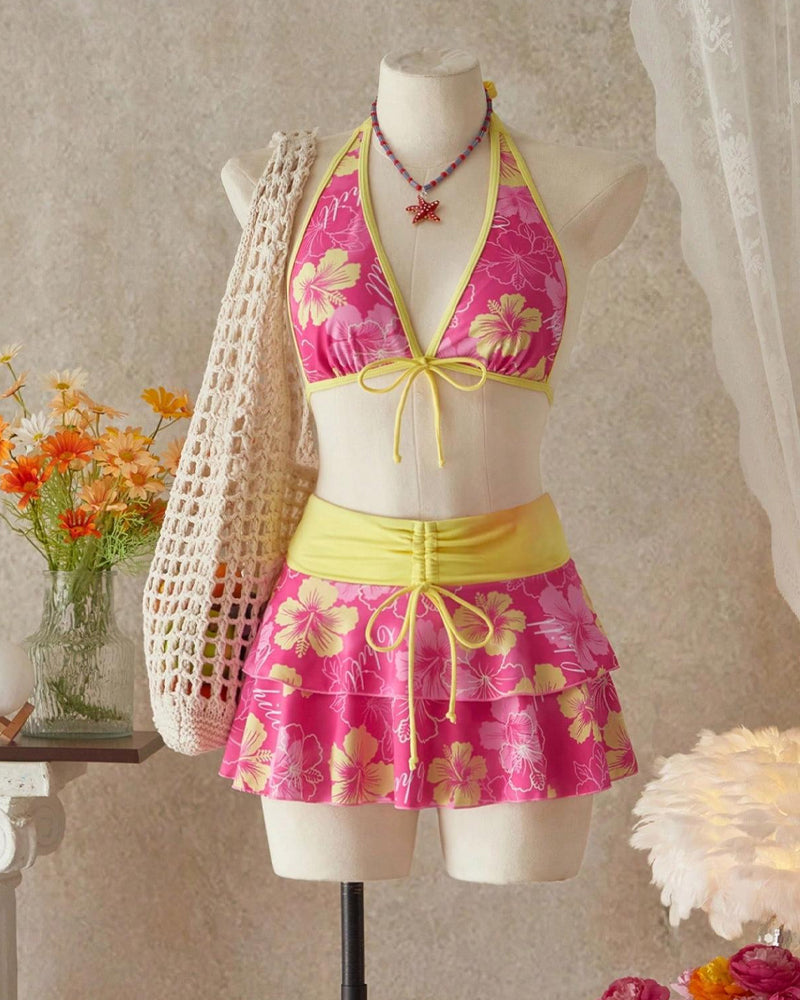 Women's Floral Print Deep V Halter Neck Color Block Bikini and Skirt Set