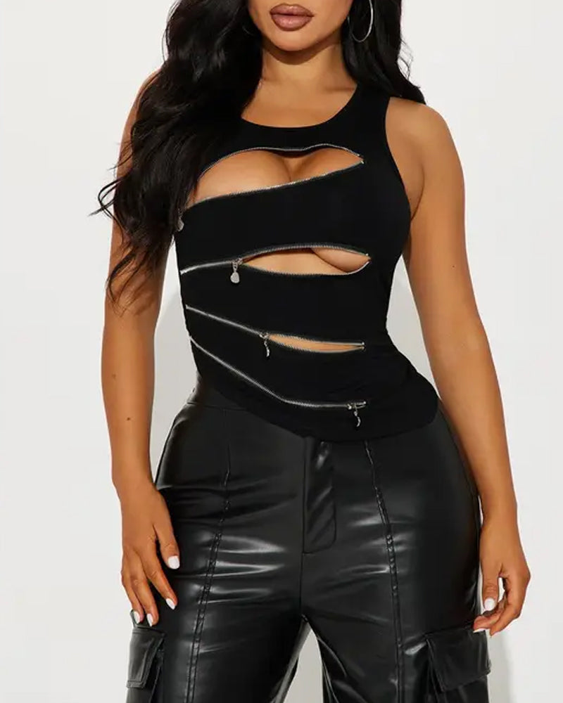Black Irregular Zipper Cutouts Sleeveless Top
