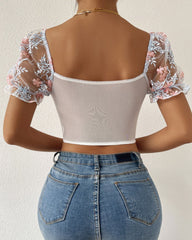 Low-cut Backless Embroidered Mesh Panels Puff Sleeves Top