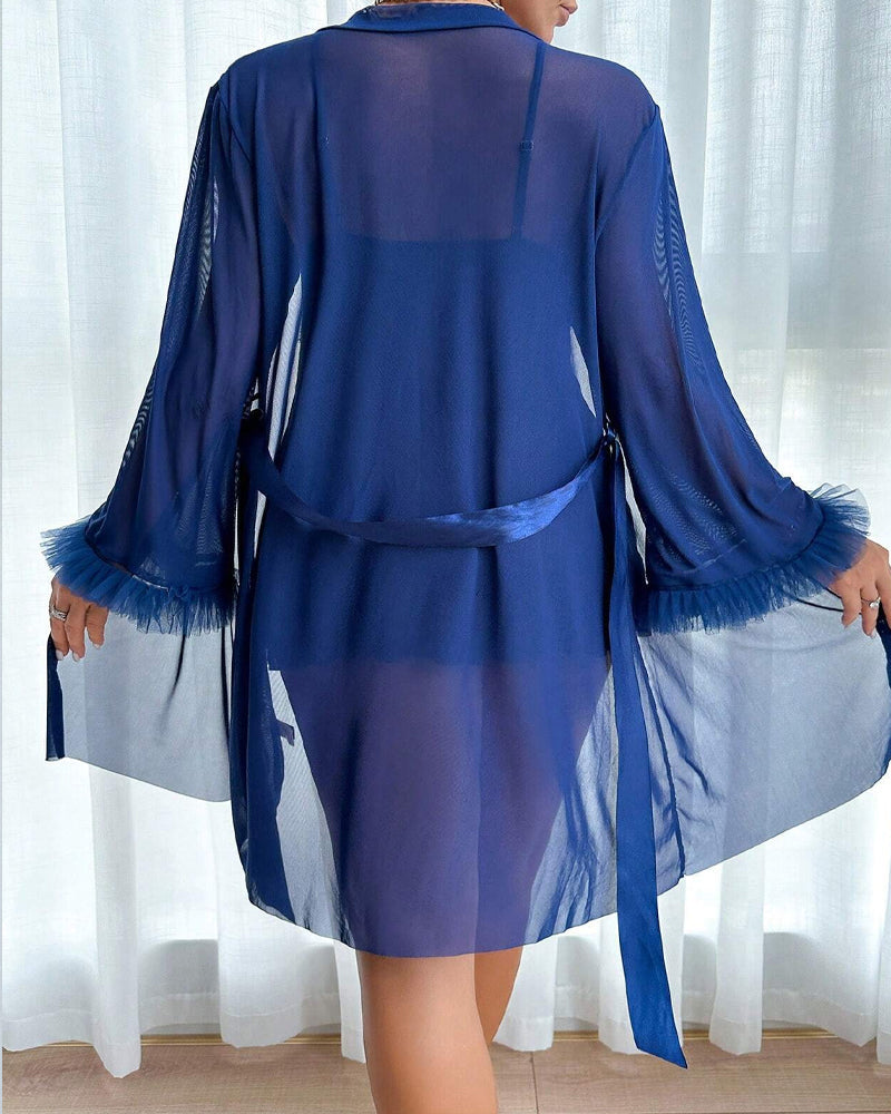 Lace See-through Mesh Camisole Nightgown and Robe Set