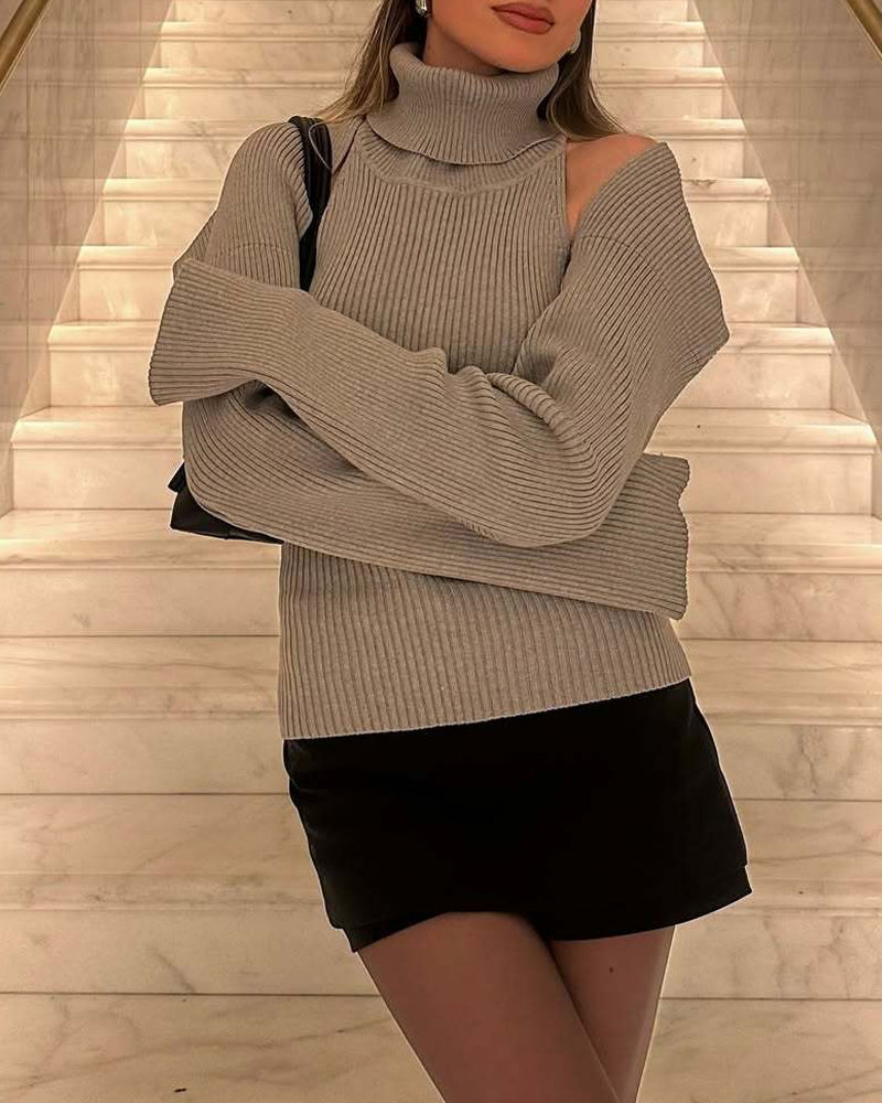 High-neck Backless Buckle Closure Knitted Vest and Long-Sleeved Cardigan Two-piece Set