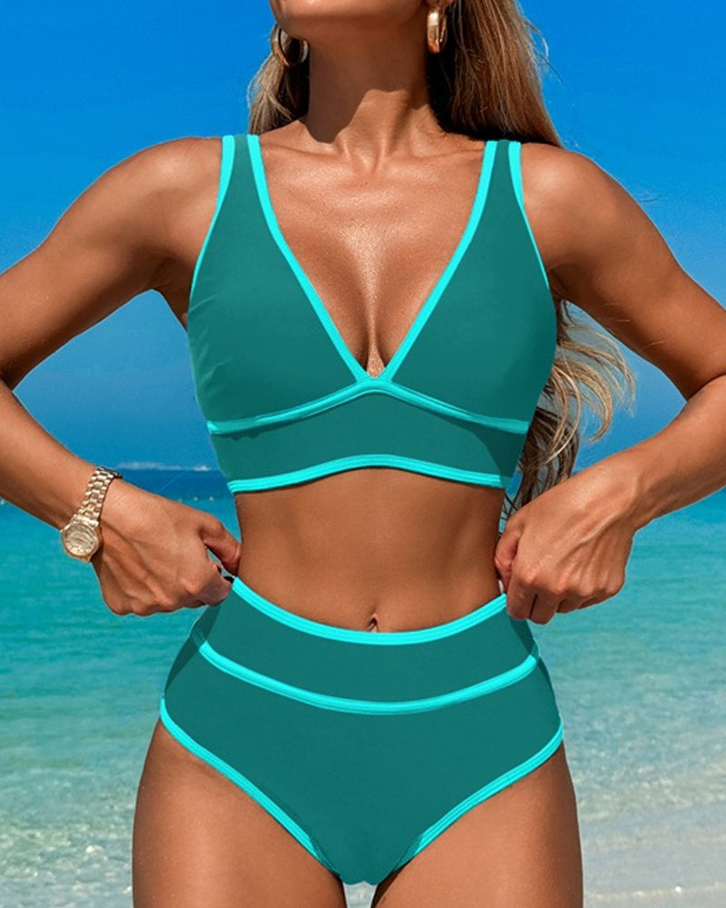 Beach Vacation V-neck Colorblock Print Two-Piece Swimsuit