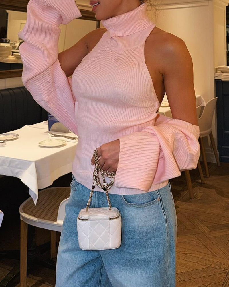 High-neck Backless Buckle Closure Knitted Vest and Long-Sleeved Cardigan Two-piece Set