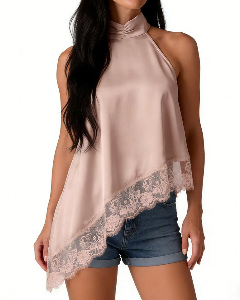 Women's Sleeveless Lace-trimmed Asymmetrical Halter Neck Satin Breathable Top