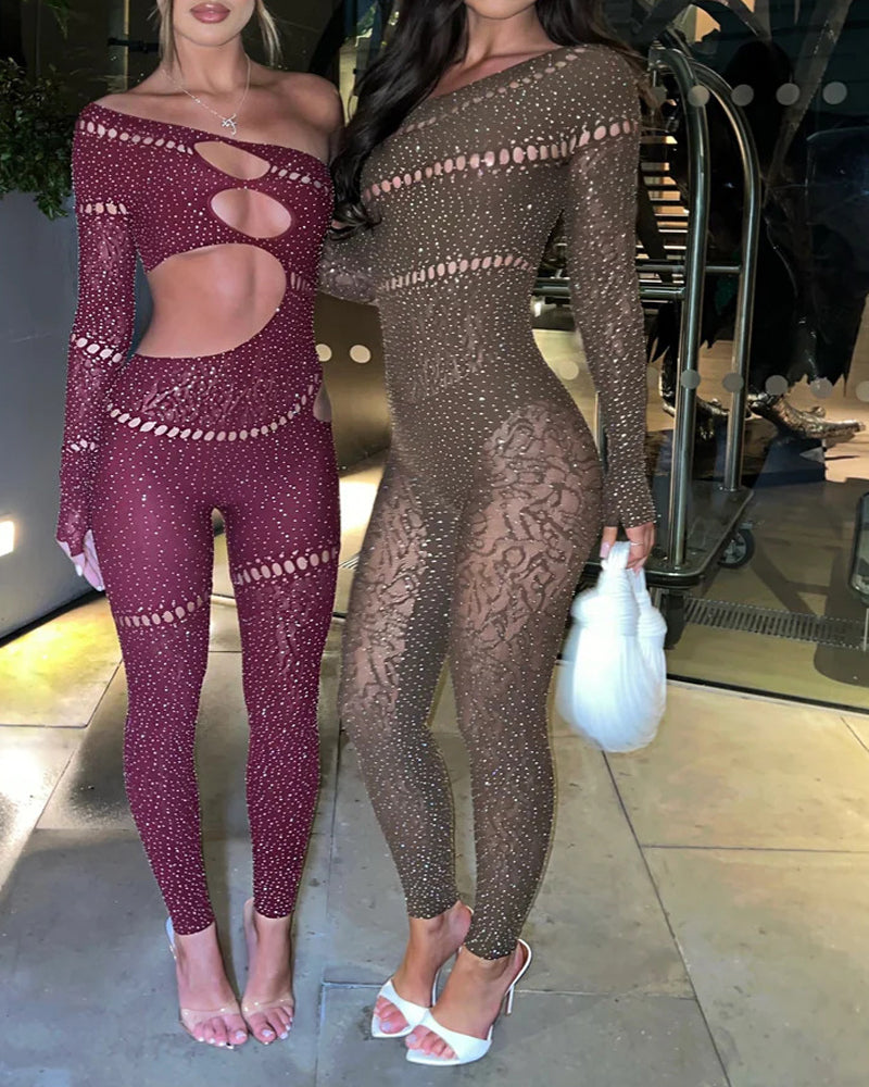 Rhinestone Stretch Long-Sleeved Jumpsuit