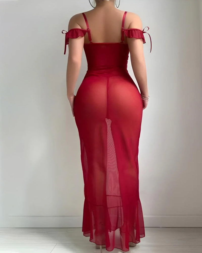 Off-the-shoulder Lace-trimmed High-slit See-through Mesh Long Lingerie Nightgown