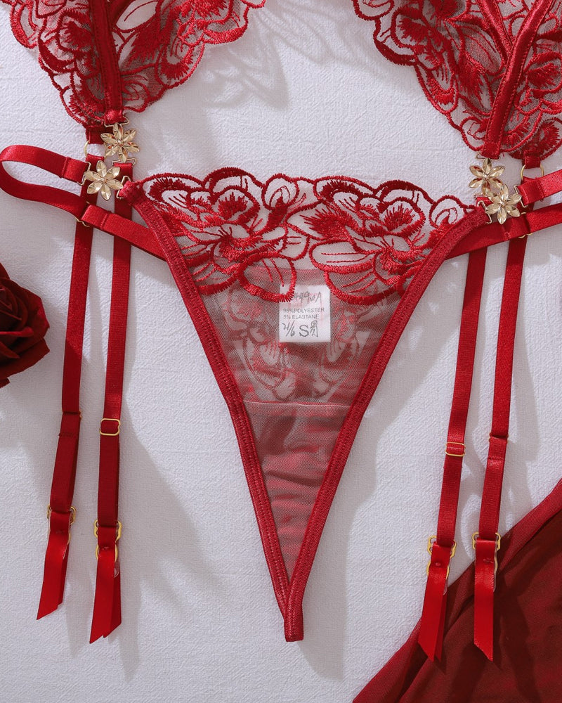 Floral Embroidery See-through Push-up Shaping Thin Lingerie Set with Stockings