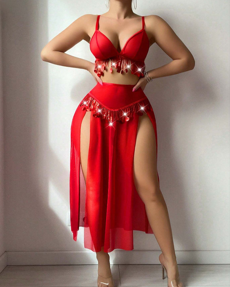 Sheer Mesh Tassel-decorated Deep V-neck Top and High-slit Long Skirt Lingerie Set