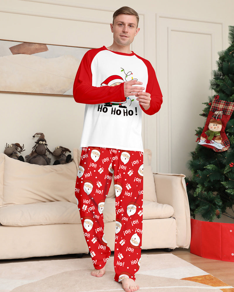 Santa Claus Print Round Neck Raglan Sleeve Color Block Parent-Child Lounge Pajama Set