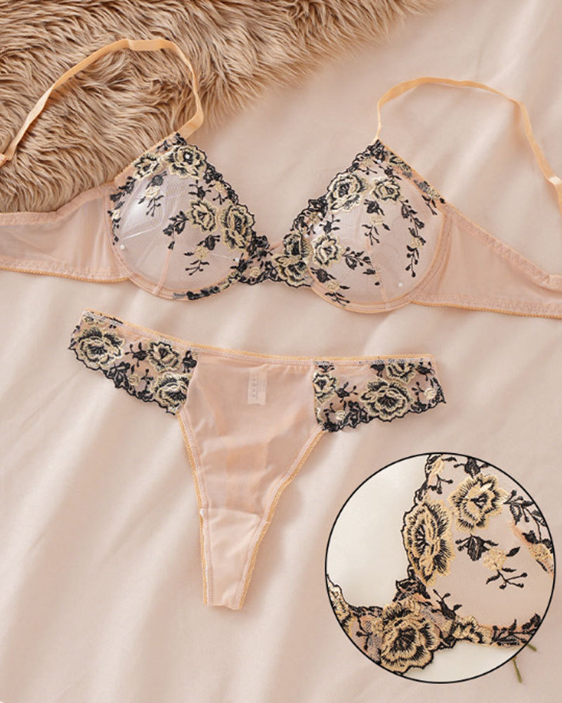 French-style Ultra-thin Push-up Floral Embroidered Mesh See-through Lingerie Set
