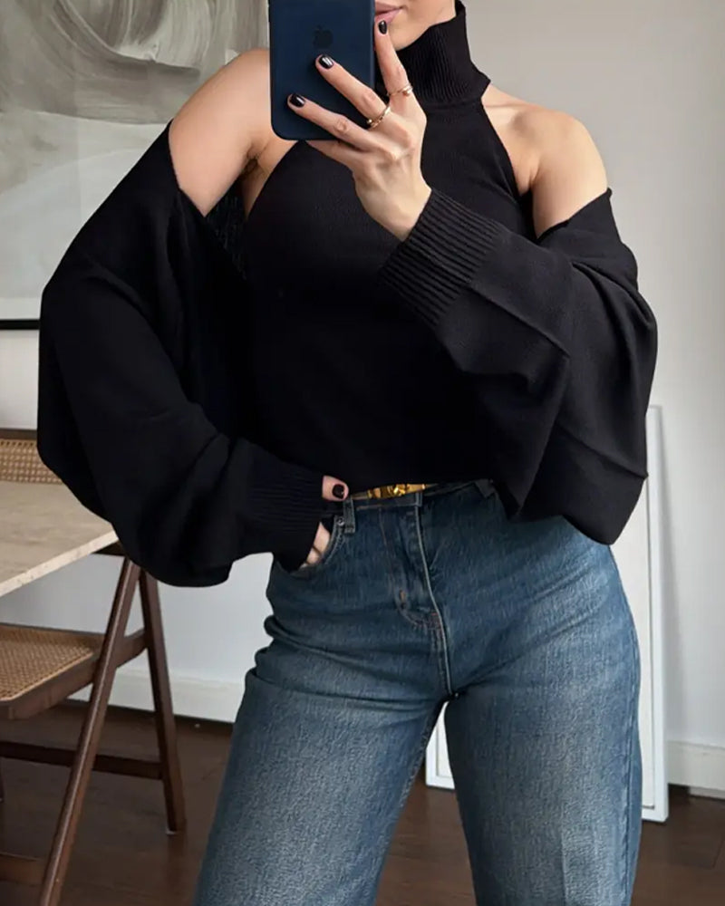 High-neck Backless Buckle Closure Knitted Vest and Long-Sleeved Cardigan Two-piece Set