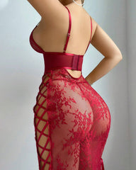 Flower Lace Hollow See-Through Side Strap Long Suspender Dress