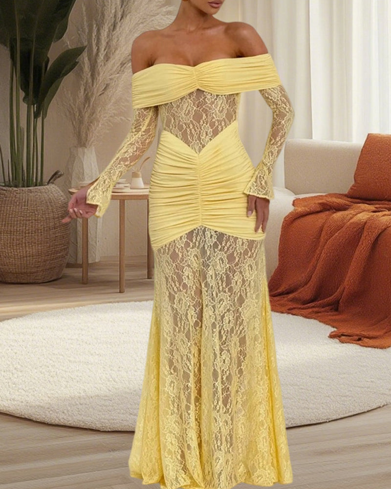 Lace Off-shoulder Fitted Long-sleeved Fishtail Maxi Dress