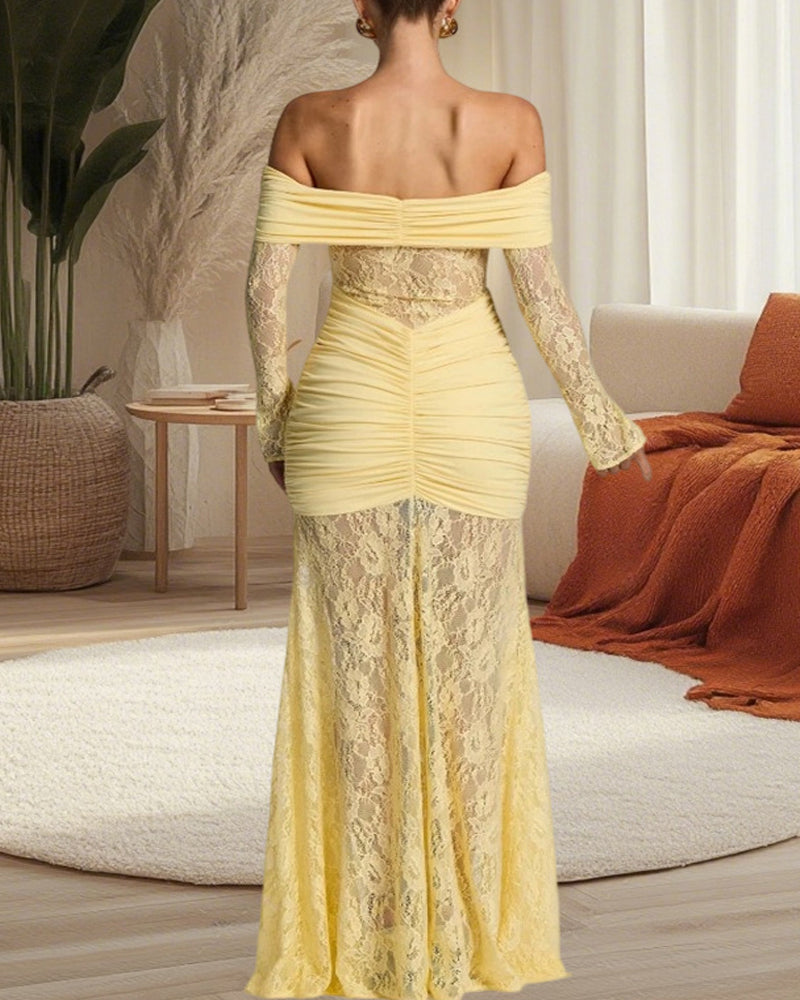 Lace Off-shoulder Fitted Long-sleeved Fishtail Maxi Dress