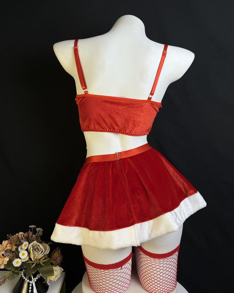 Christmas Bow-Tie Velvet Uniform With Fishnet Stockings Set