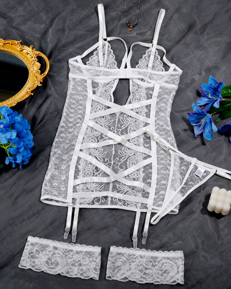 Openwork Lace Mesh See-through Lingerie Nightgown Set