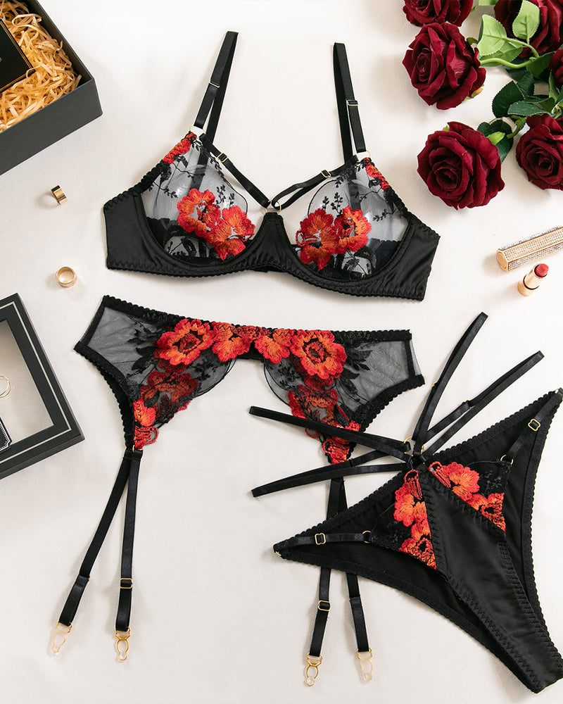 Floral Embroidered Sheer Mesh Lingerie Set