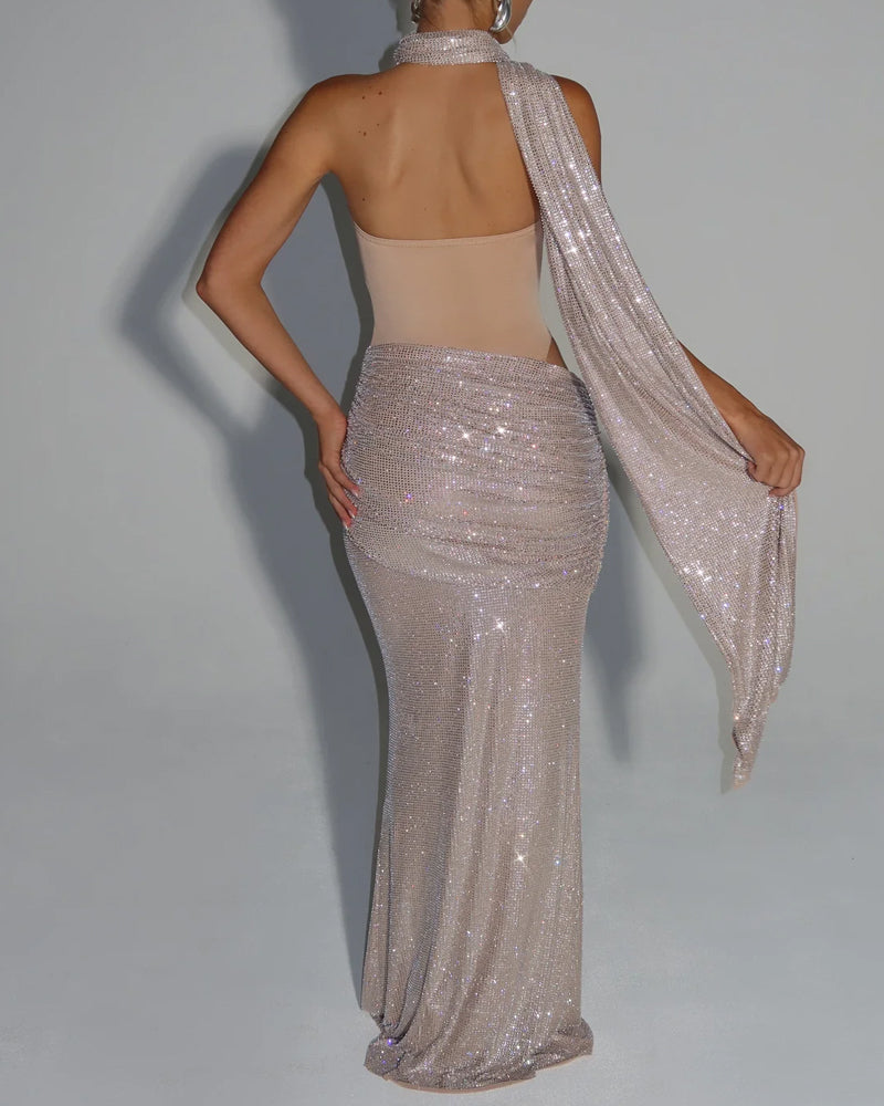 Sequined Ribbon Sleeveless Strapless Long Dress