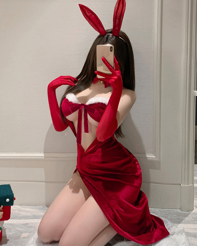 Christmas Bunny Velvet High-slit Long Lingerie Dress