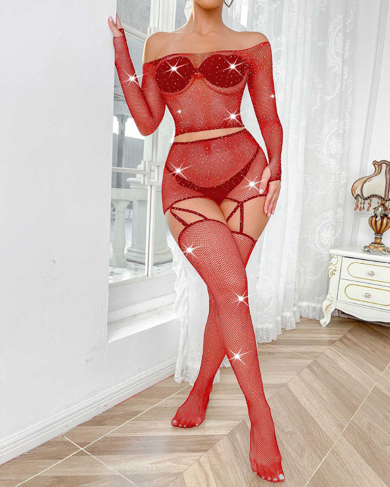 Rhinestone Fishnet Long-Sleeved Skirt Set