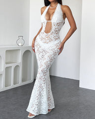 Beach Vacation Cutout Halter Neck See-through Lace Long Dress