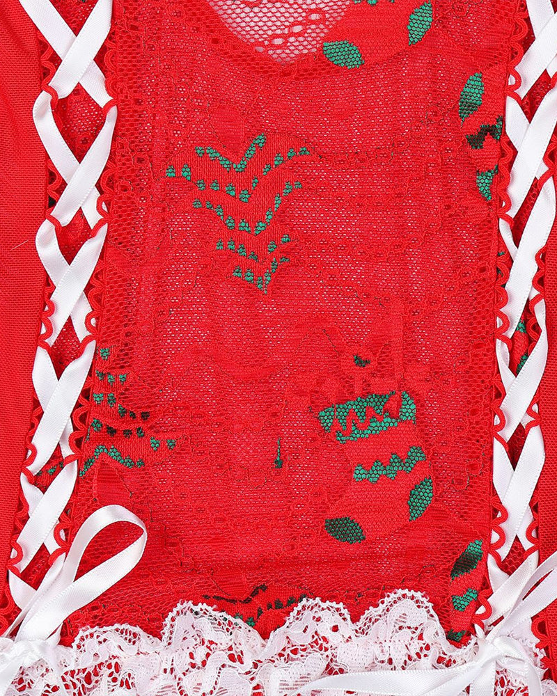 Christmas Lace Mesh Sheer Lingerie Set with Stockings