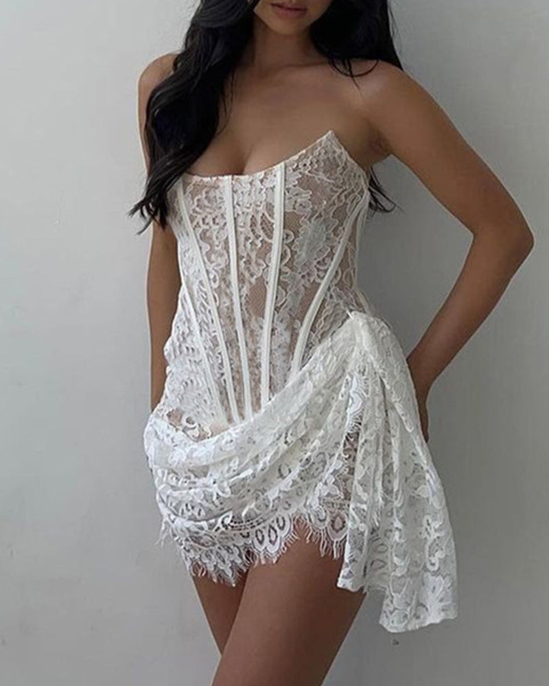 Lace Mesh Off-shoulder Strapless Slightly Sheer Bodycon Dress