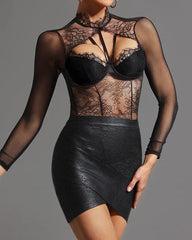 Lace See-through Mesh Long-sleeved Bodysuit