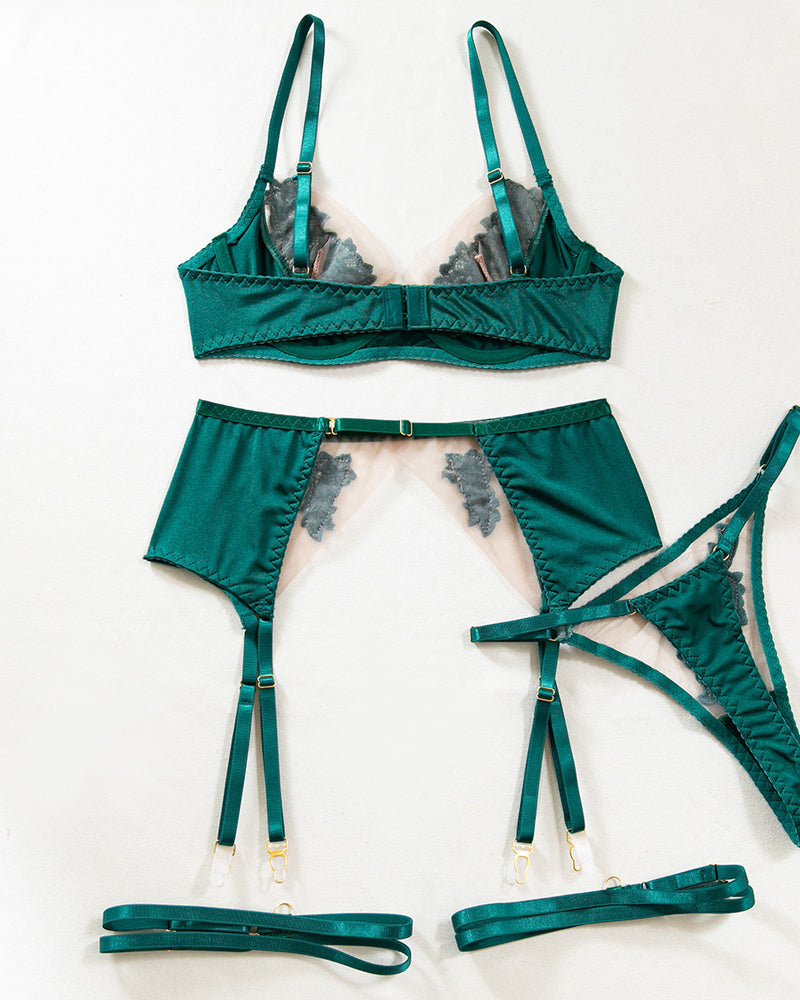 Mesh See-Through Flower Embroidery Push-Up Bra Lingerie Set