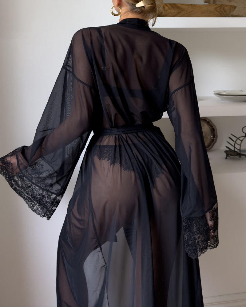 Lace Mesh See-Through Slip Dress and Long Sleeved Robe Set