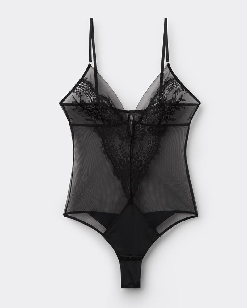 Black Floral Lace Mesh See-through Deep V Bodysuit