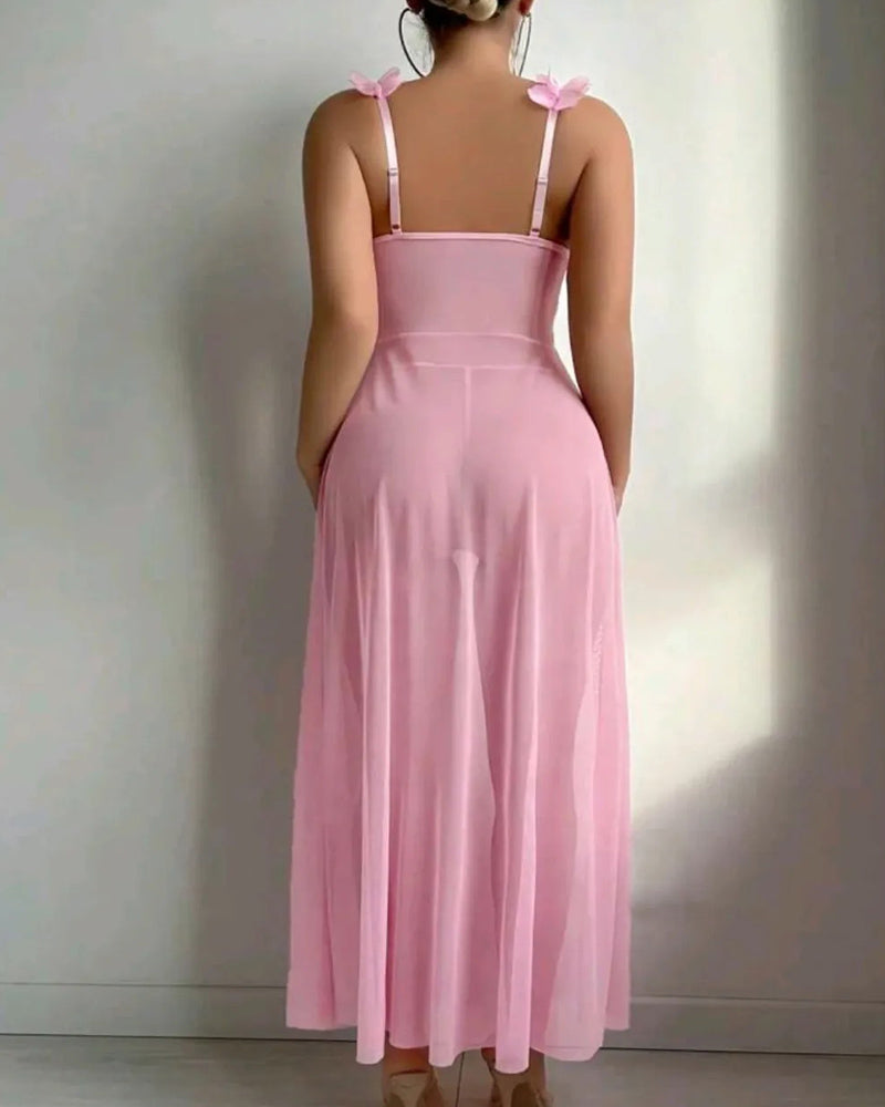 Low-Cut Floral See-Through Mesh Suspender Maxi Dress Set