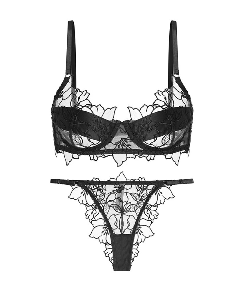 Floral Embroidered Lace See-through Mesh Bra and Briefs Set
