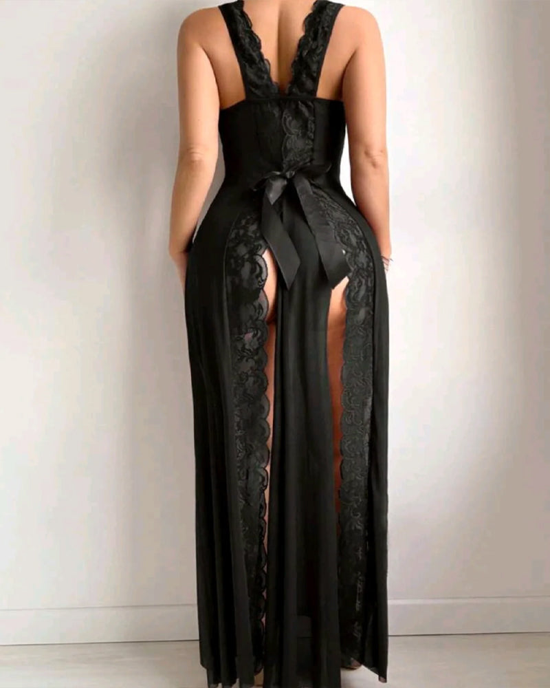 Deep V-neck High Slit Lace See-through Long Nightgown