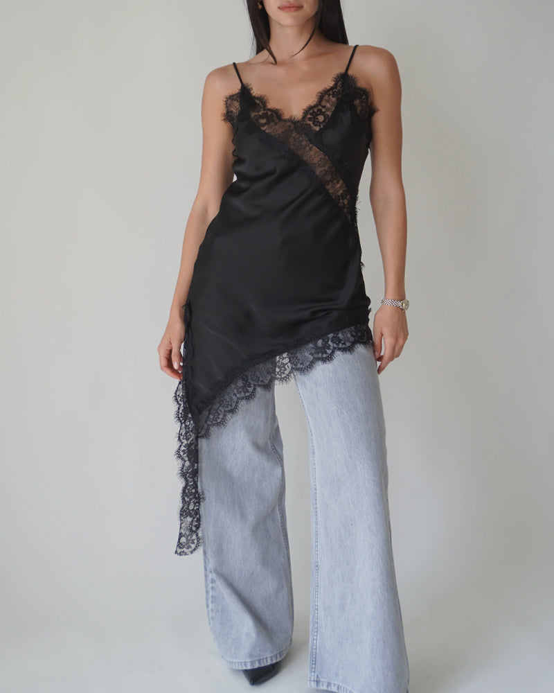 V-neck Ice Silk Lace Patchwork Asymmetrical Casual Suspender Mini Dress