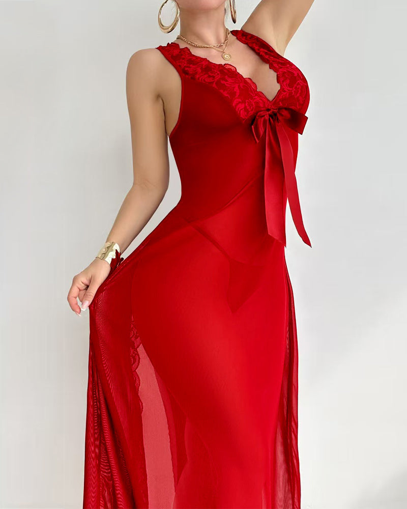 Deep V-neck High Slit Lace See-through Long Nightgown