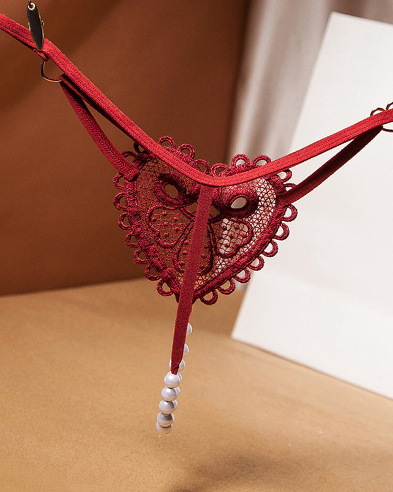Heart-Shaped Lace Flower Pearl Embellished Thong